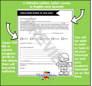 Back to School Editable Speech Therapy Letter to Parents | Bilingual