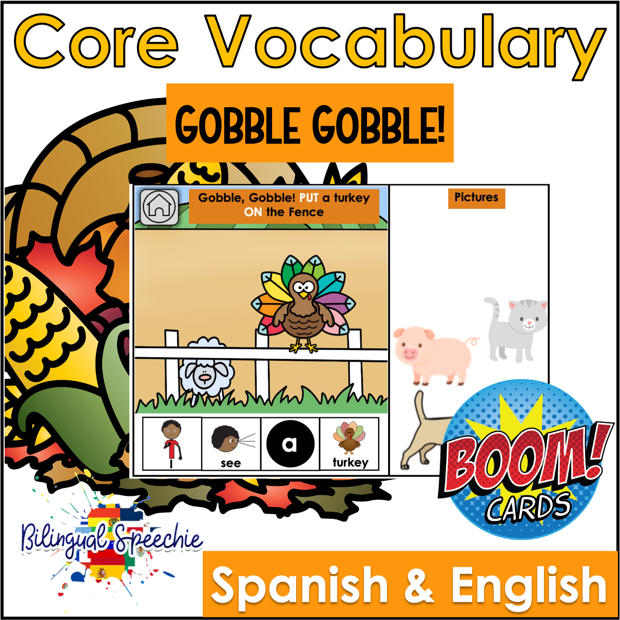 BOOM Cards | Thanksgiving Bilingual Core Vocabulary Book