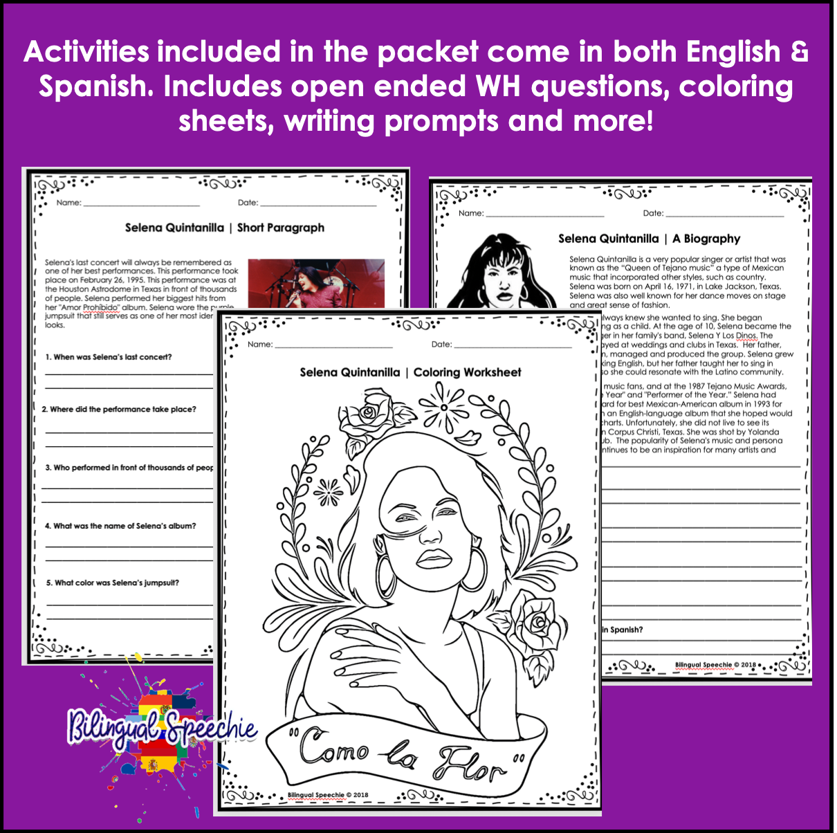 Hispanic Heritage Month | Selena Quintanilla | Editable Reading Comprehension