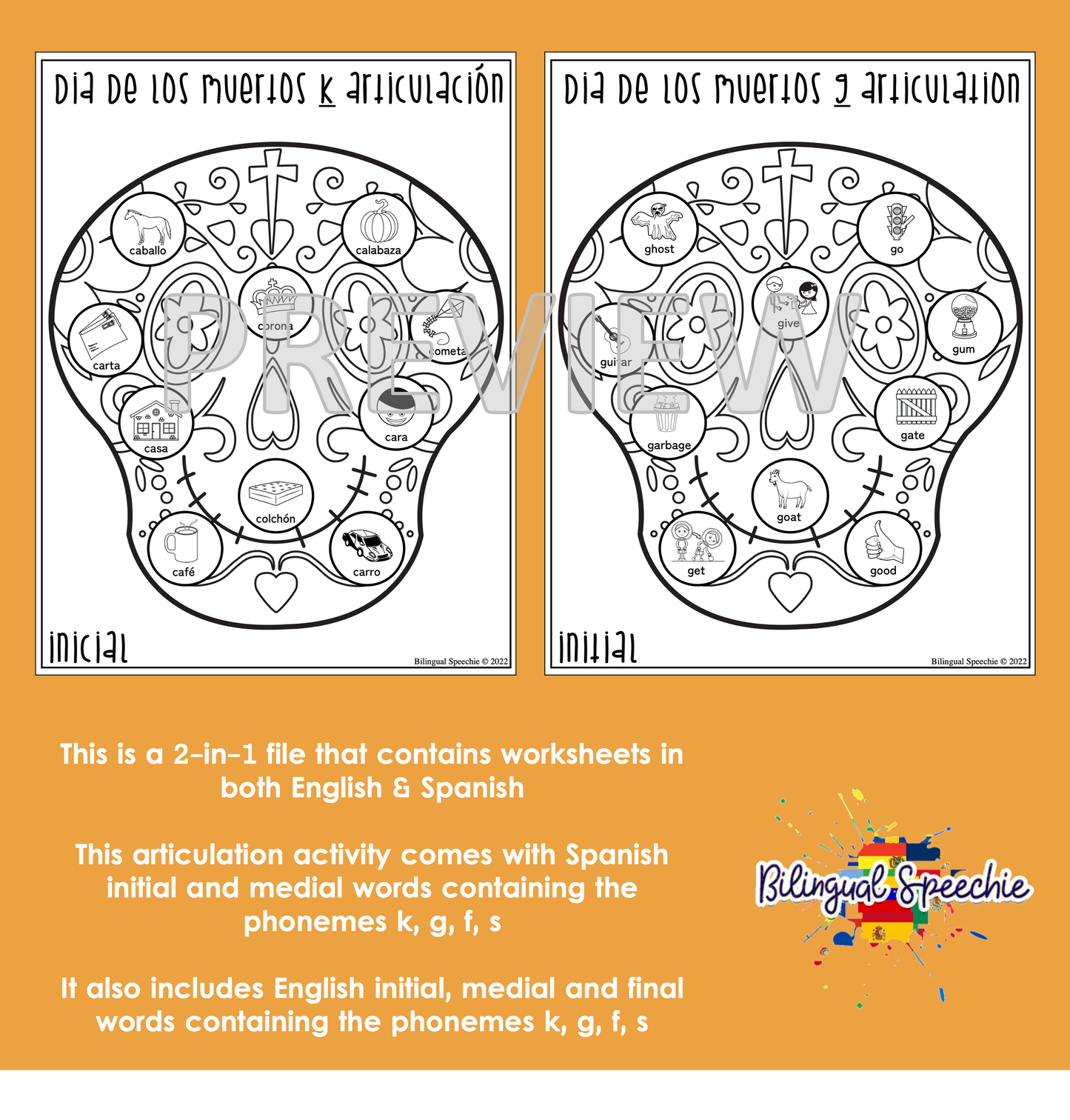 Dia de los Muertos Bilingual Articulation Worksheets for K, G, F, S