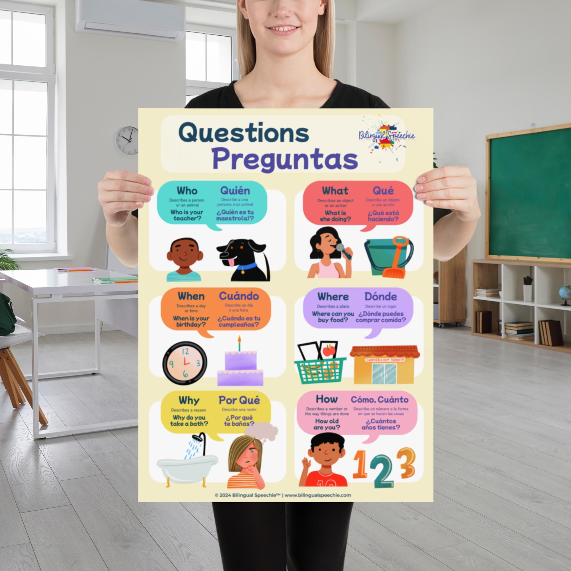 WH Questions | Preguntas Classroom Poster - Bilingual Speechie