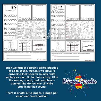 Busy Articulation for R blends, R, S, L blends & Multisyllabic Words | Spanish