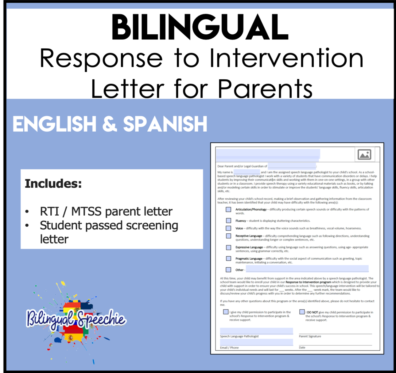 Response to Intervention Parent Letter | Bilingual