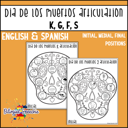 Dia de los Muertos Bilingual Articulation Worksheets for K, G, F, S