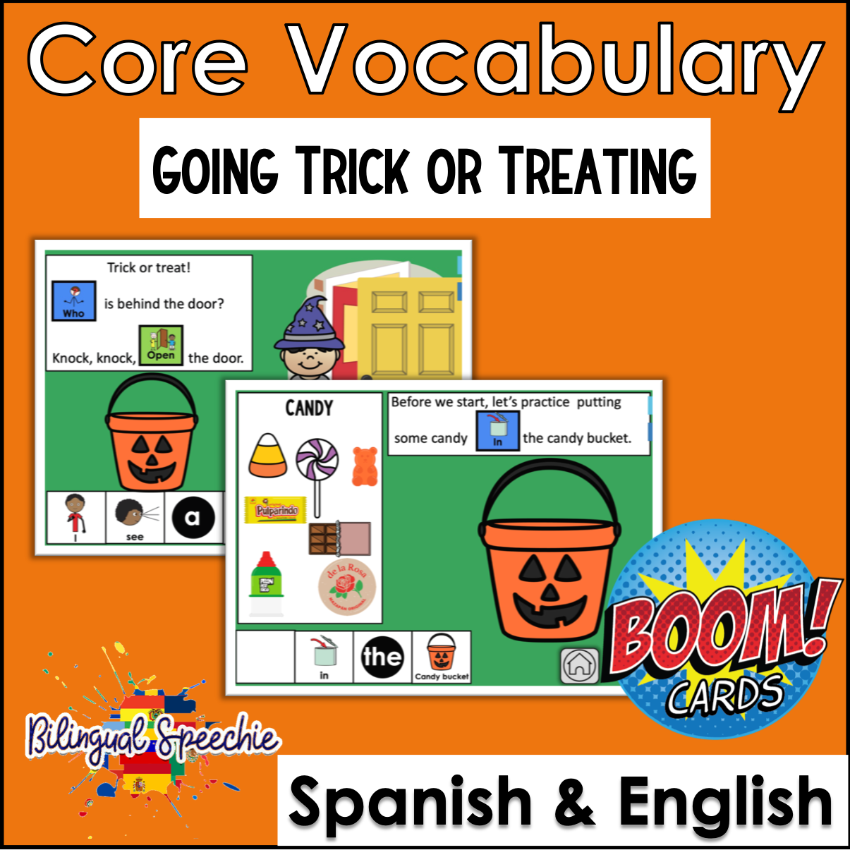 English & Spanish | Trick or Treating with Core Vocabulary